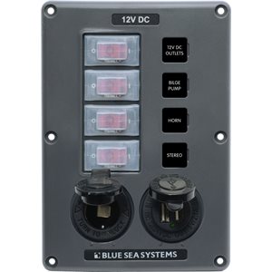 Blue Sea Water-Resistant Circuit Breaker Switch Panel - Gray, 4 Positions with 12V socket+USB